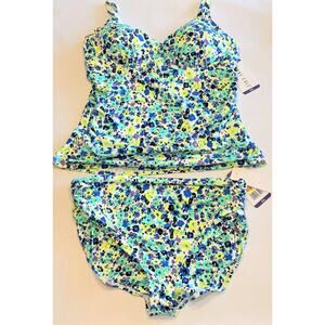 Anne Cole Women’s Tankini Swim Top And Bottom XXL Blue Ditsy w/ Purple